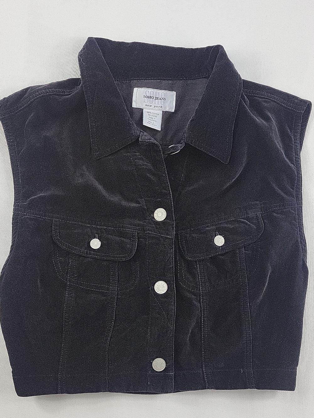 Vintage Soho Jeans Black Velvet Button Front Trucker Vest Size Large